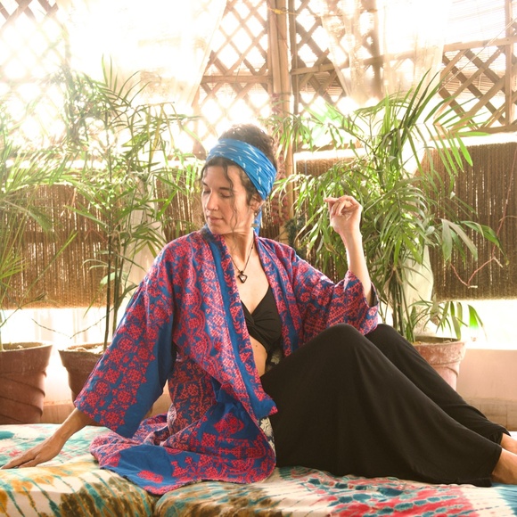 Reversible Pink and Blue Embroidered Long Robe Jacket from India - Picture 3 of 3